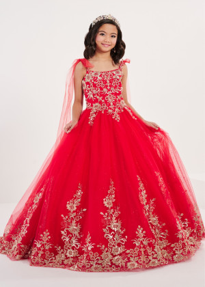 Tie Straps Gold Lace Red Glitter Tulle Fashion Flower Girl Dress